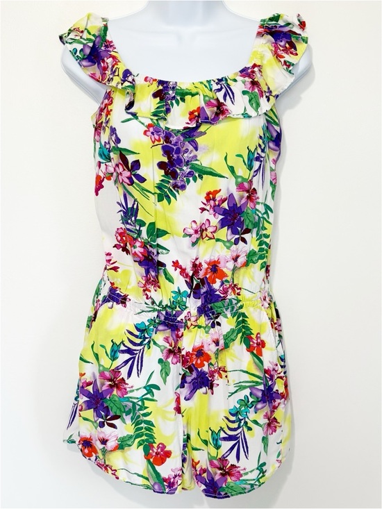 Garage Pants - GARAGE Bright Floral Ruffle Neck Romper Medium Summer Festival Dress Pockets